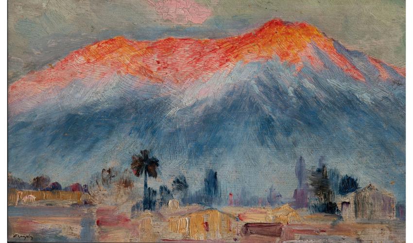 pintura muestra la cordillera de los andes colo tonos rojizos en la parte superior, luego blancos y abajo tonos azulados, con algunas siluetas en azul y tonos tierra que efinen la ciudad de Santiago.