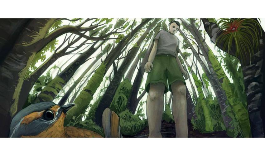 Joven en medio de un bosque mirado en contrapicado se alcanza a ver el cielo nublñado entre los troncos de los arboles, en la parte de inferior un ave mira al joven con sopresa.