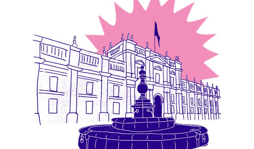 Croquis del frontis del Palacio de La Moneda con fuente de agua ubicada al frente en color violeta. El edificio está dibujado en líneas violeta, sobre fondo blanco y destello rosado.